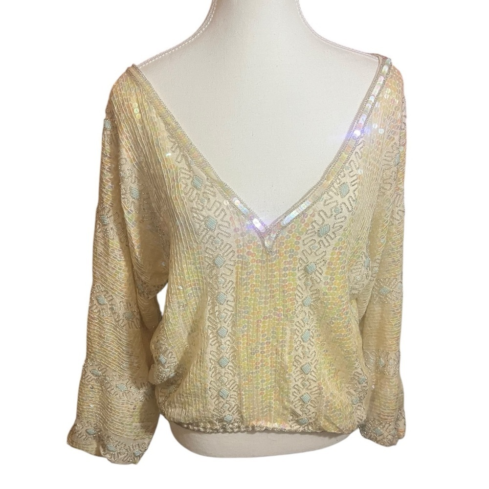 Pearlescent Iridescent cream beaded silk sequin vintage 70s 80s party bridal M